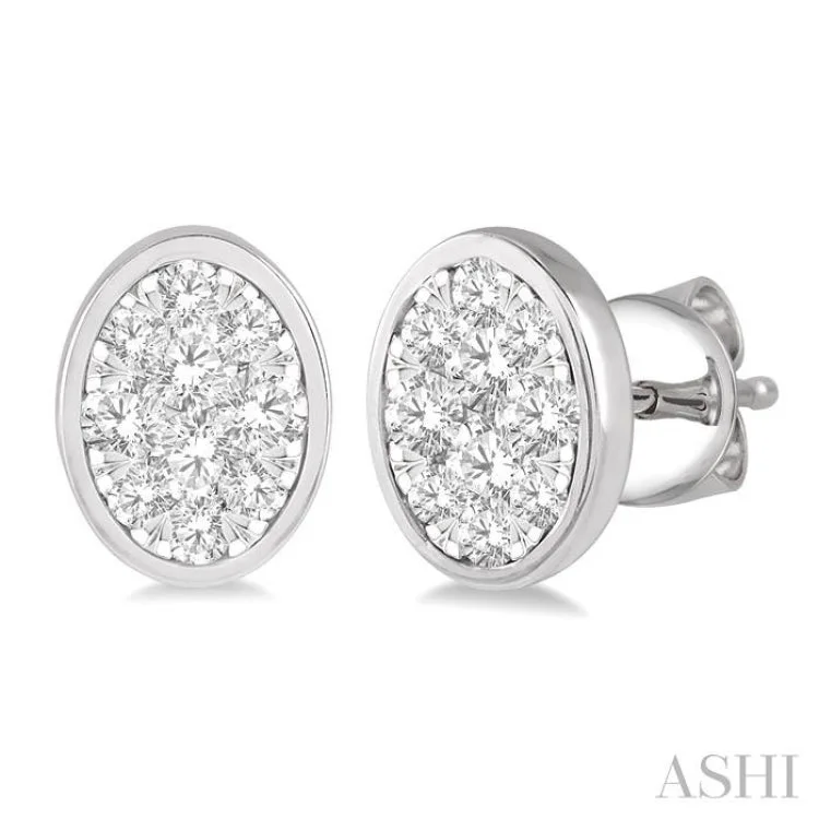 Sparkling Silver Earrings for Women-1/2 ctw Oval Shape Lovebright Round Cut Diamond Bezel Stud Earring in 14K White Gold