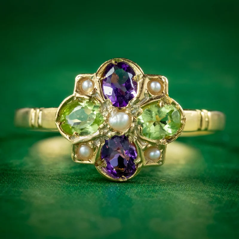 Chunky Statement Ring for Women-Edwardian Suffragette Style Cluster Ring Pearl Peridot Amethyst