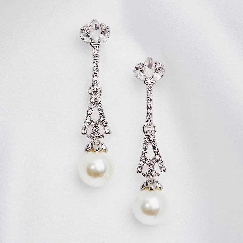 Unique Earrings for Trendy Looks-Pearl Drop Bridal Earrings: Eiffel Tower Style Crystal And Pearl Earrings