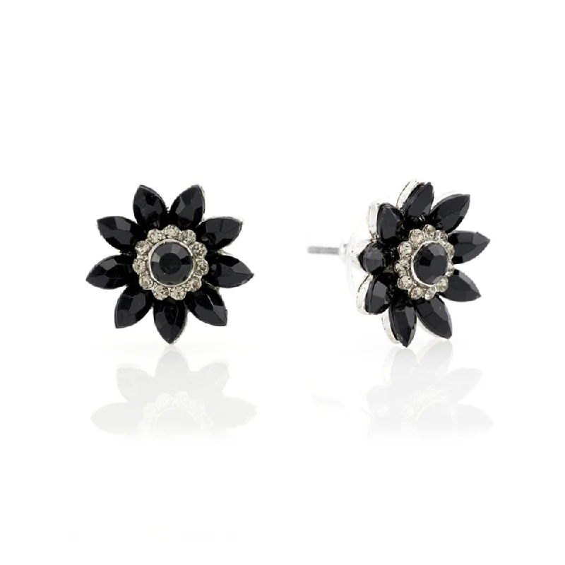 Fashion Earrings for Casual Wear-Audrey Hepburn Earrings: Vintage Style Black Flower Studs With Diamantes