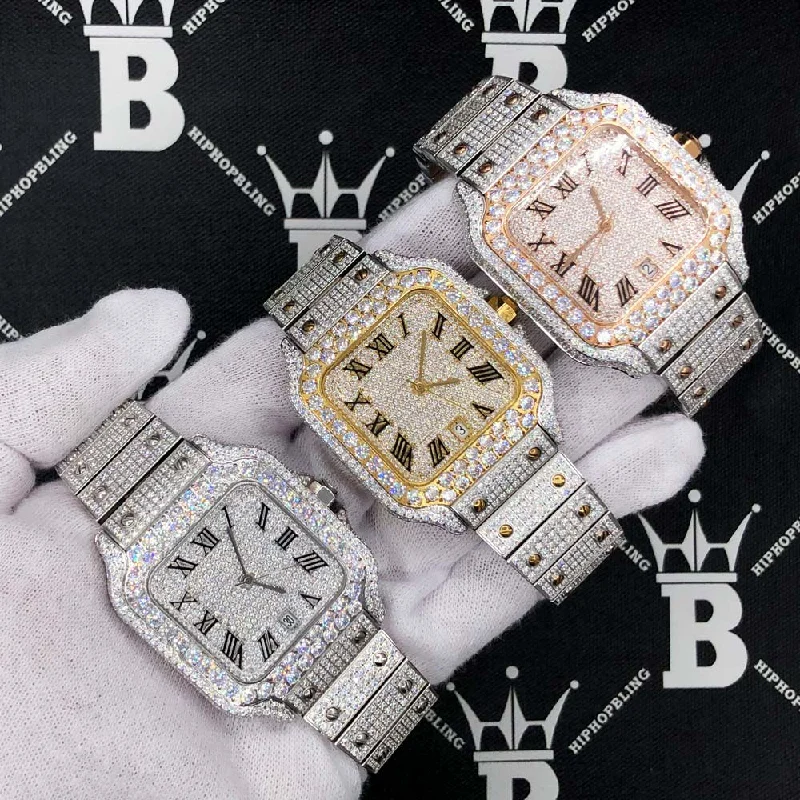 Casual Watches for Women for Daily Wear-Iced Out Baller Square CZ Steel Bust Down Watch