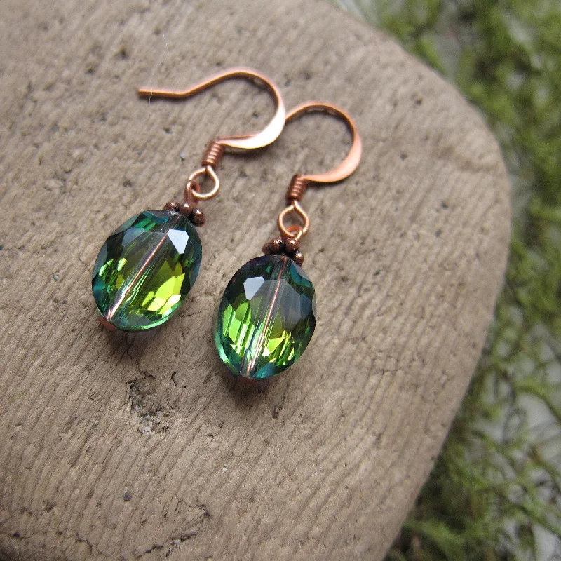 Luxury Gold Earrings for Anniversary-Green Crystal Earrings Faceted Moss Green & Gold on Copper Ear Wires