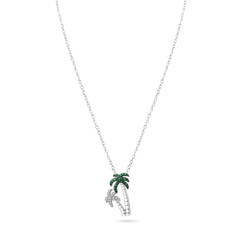 Vintage Pendant Necklace for Women-Silver 925 Rhodium Plated Green and Clear Two Palm Tree Pendant Necklace