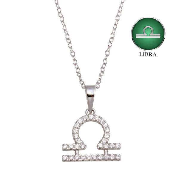 Classic Necklace for Women-Silver 925 Rhodium Plated Libra CZ Zodiac Sign Necklace