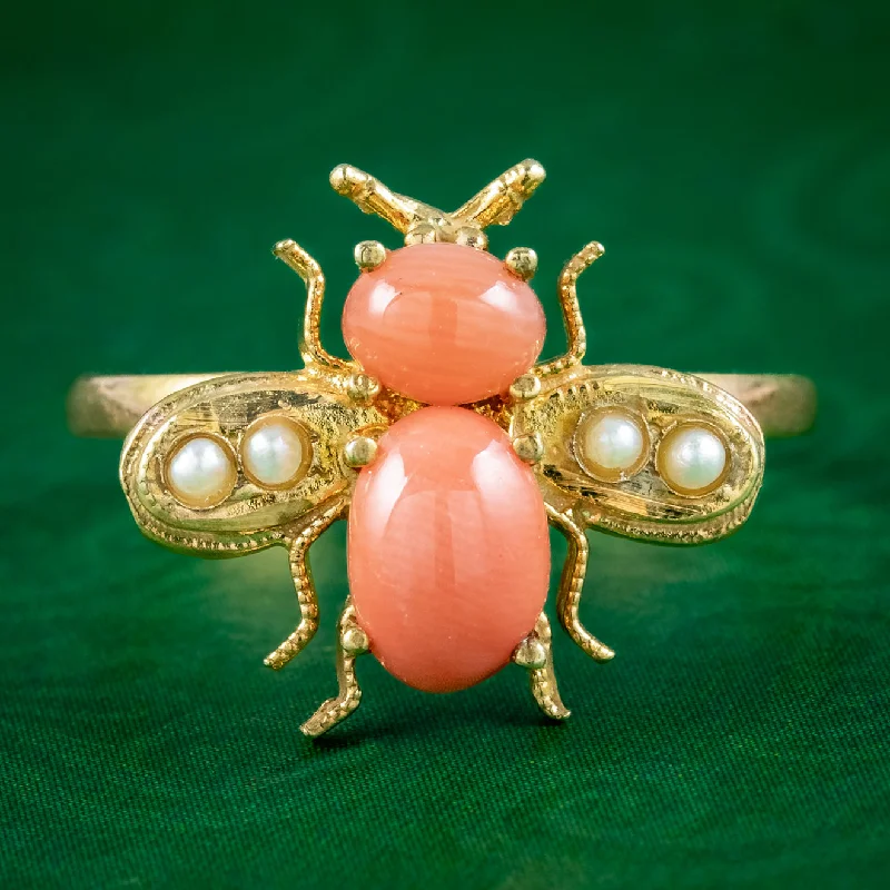 Simple Silver Ring for Everyday-Edwardian Style Coral Pearl Bee Ring