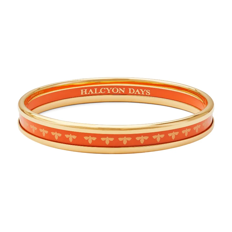 Custom Silver Bangles with Birthstones-Skinny Bee Orange & Gold Enamel Bangle