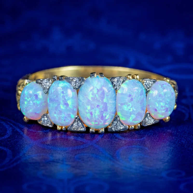 Luxury Gemstone Ring for Women-Victorian Style Opal CZ Five Stone Ring