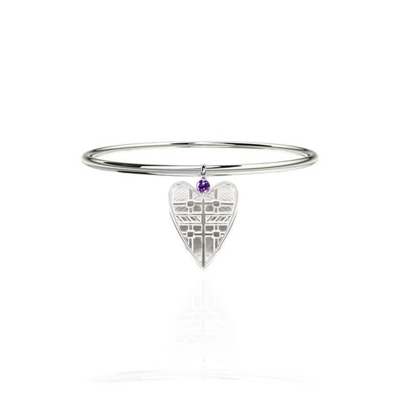 Custom Name Bangles for Gifts-Tartan Solid Heart Bangle with Amethyst in Silver