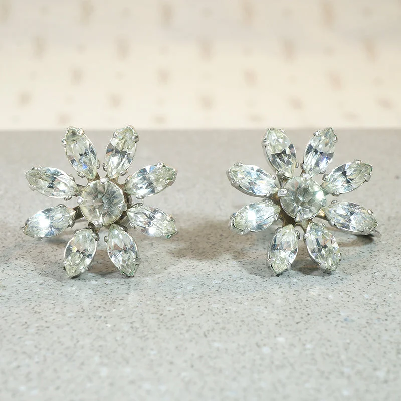 Crystal Earrings for Parties-Icy Rhinestone Flower Screw-Back Earrings