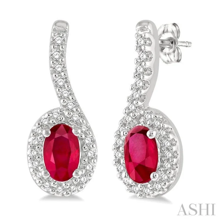 Beautiful Earrings for Fashionable Look-1/6 Ctw Hanging Arm 5X3MM Oval Cut Ruby and Round Cut Diamond Precious Earring in 10K White Gold