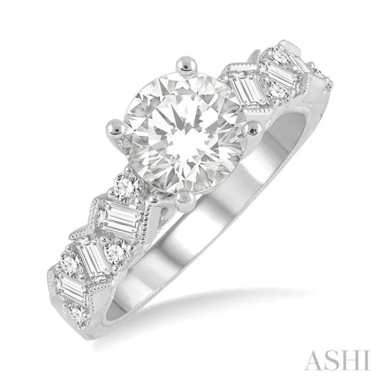 Custom Birthstone Ring for Fashion-1/2 ctw Zigzag Shank Baguette and Round Cut Diamond Semi-Mount Engagement Ring in 14K White Gold