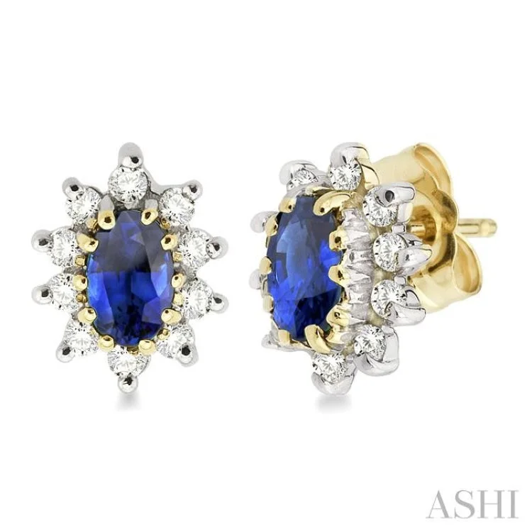 Beautiful Stud Earrings for Women-5x3MM Oval Cut Sapphire and 1/4 Ctw Round Cut Diamond Earrings in 14K Yellow Gold