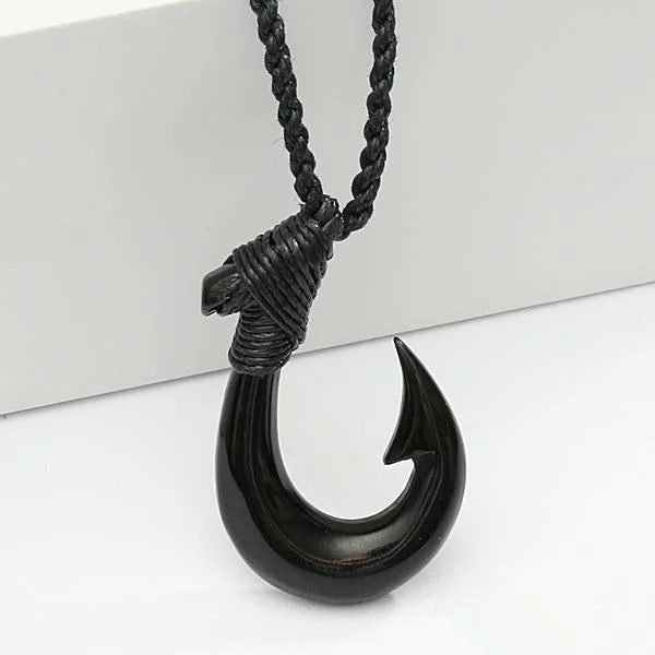 Simple Chain Necklace for Men-Black Bone Plain Fish Hook Necklace Black Cord 22x35mm