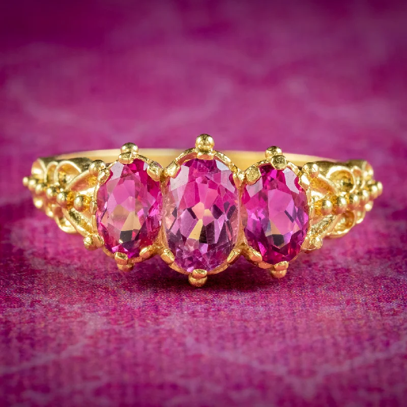 Rose Gold Engagement Ring with Diamonds-Victorian Style Pink Topaz Trilogy Ring 1.8ct Of Topaz