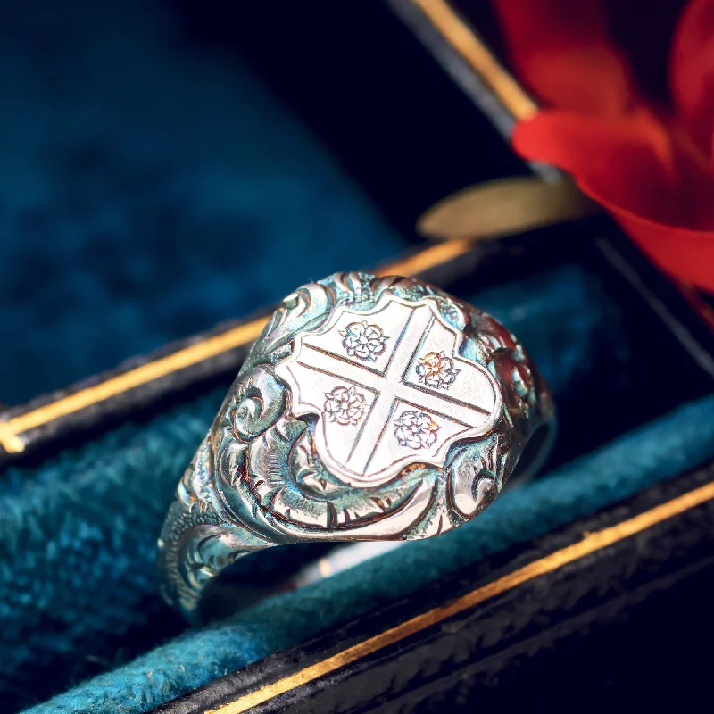 Simple Engagement Ring for Elegant Look-Ornate Saltire Cross & Tudor Rose Silver Signet Ring