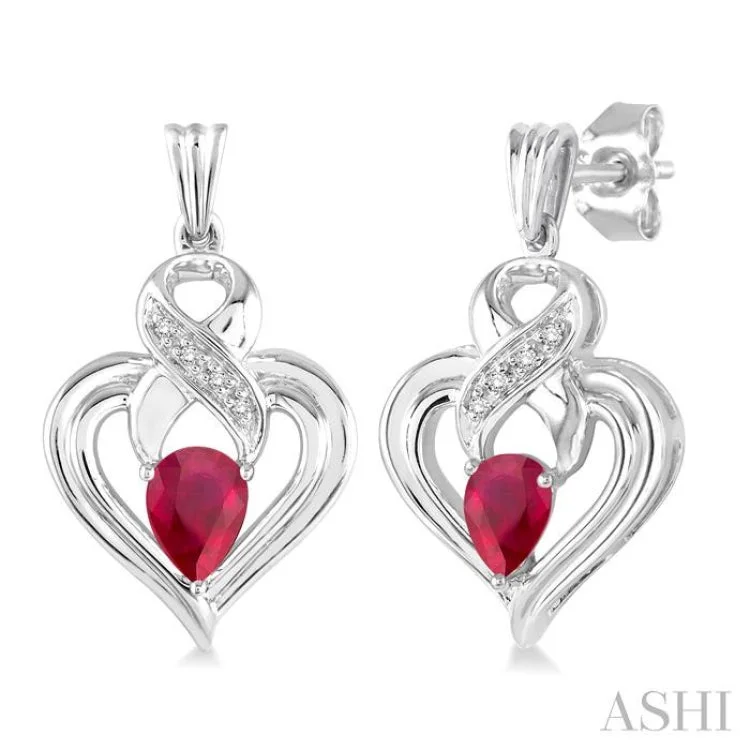 Acrylic Earrings for Casual Looks-5x3 mm Pear Shape Ruby and 1/50 Ctw Single Cut Diamond Earrings in Sterling Silver