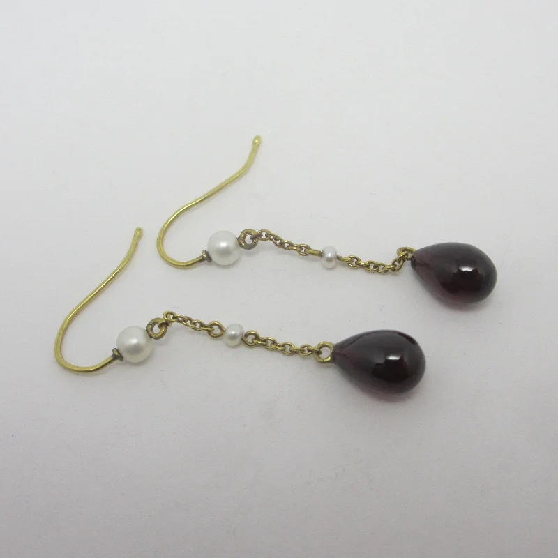 Chunky Statement Earrings for Bold Style-Garnet Tear Drop Seed Pearl 9k Gold Dangling Ear Pendant Earrings Vintage c1980