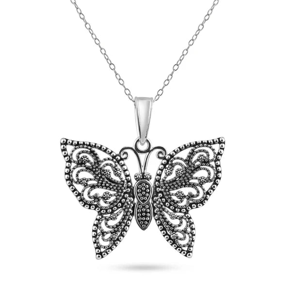 Adjustable Silver Necklace for Comfort-Oxidized 925 Sterling Silver Beaded Butterfly Pendant