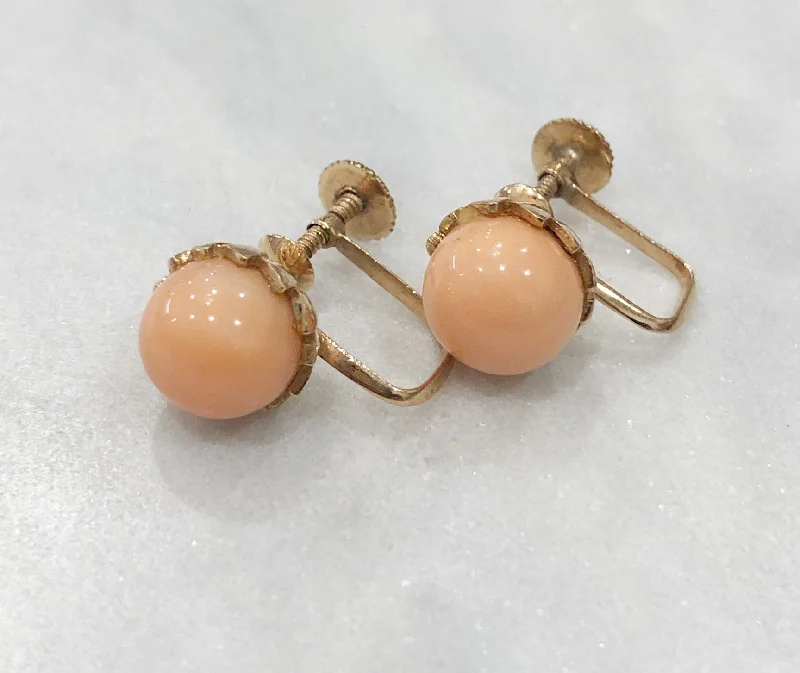 Simple Gold Hoop Earrings-Estate Collection Vintage 14K Round Cabochon Coral Earrings