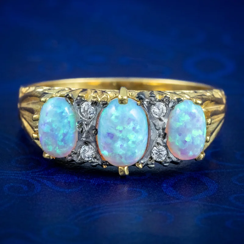 Large Ring with Gemstone for Fashion-Victorian Style Opal Trilogy Ring 18ct Gold On Silver