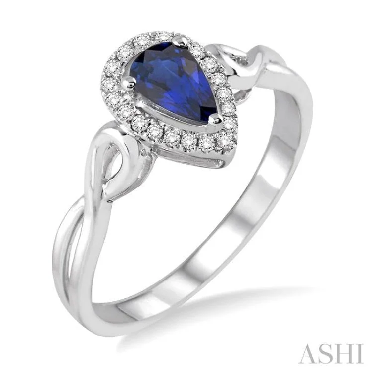 Designer Gold Ring for Engagement-6x4 MM Pear Shape Sapphire and 1/10 Ctw Round Cut Diamond Ring in 10K White Gold