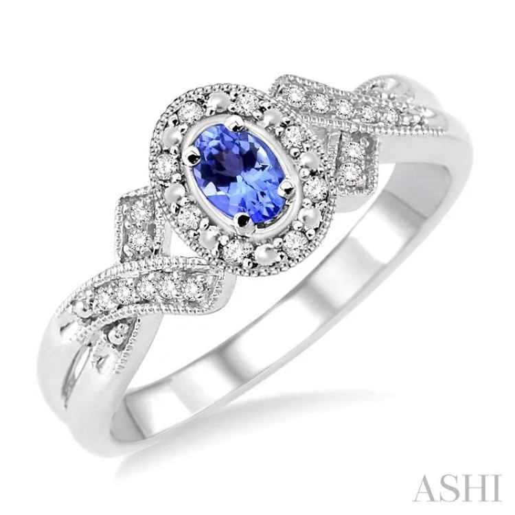 Elegant Gold Ring for Brides-5x3 mm Oval Cut Tanzanite and 1/50 Ctw Single Cut Diamond Ring in Sterling Silver