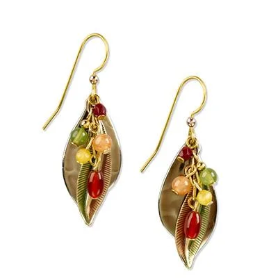 Beaded Earrings for Women-Silver Forest Earrings Gold Fall Color Beads on Teardrop