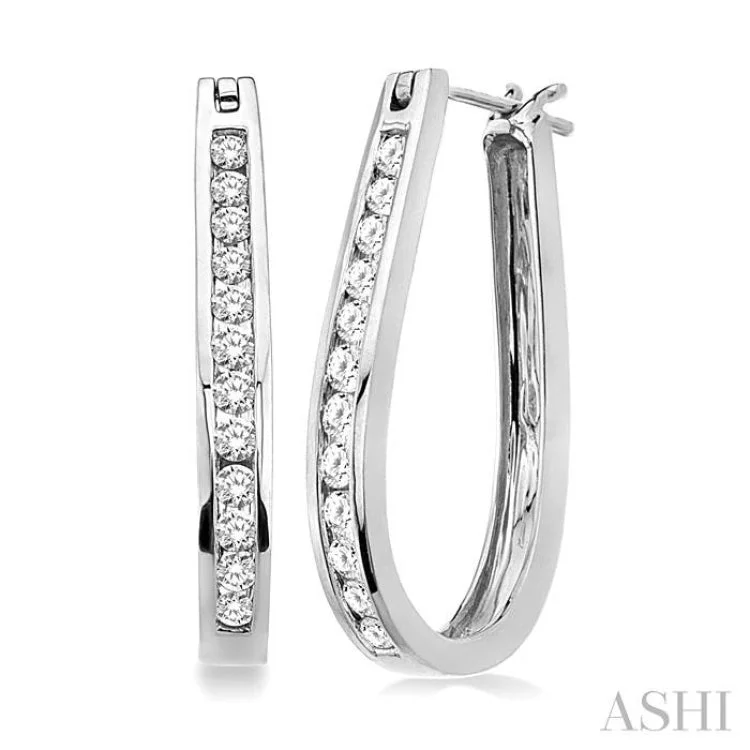 Customizable Gold Earrings-1/2 Ctw Channel Set Round Cut Diamond Hoop Earrings in 10K White Gold