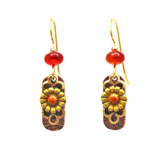 Beautiful Earrings for Fashionable Look-Silver Forest Red and Gold Flower Layered Metal Earrings