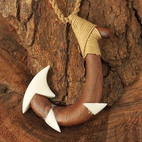 Handcrafted Silver Necklace for Gifts-Koa Wood Bone Fish Hook Necklace