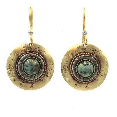 Long Silver Earrings-Silver Forest Earrings Gold Round with Green Stone