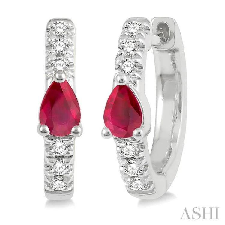 Statement Silver Earrings for Bold Style-1/10 Ctw 4X3MM Pear Cut Ruby and Round Cut Diamond Huggie Earrings in 10K White Gold