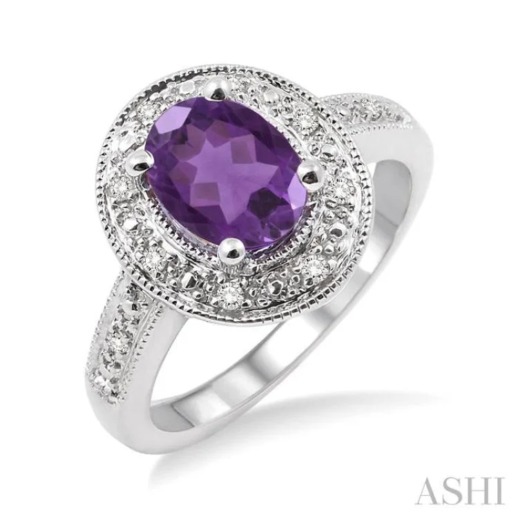 Beautiful Gold Ring with Gemstones-8x6 MM Oval Cut Amethyst and 1/20 Ctw Single Cut Diamond Ring in Sterling Silver