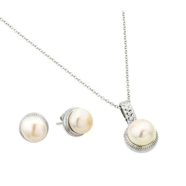 Unique Necklace for Gifts-Silver 925 Rhodium Plated Fresh Water Pearl Rope Border Matching Set