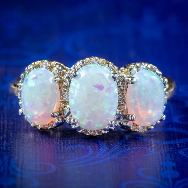 Unique Promise Ring for Her-Victorian Style Opal Diamond Trilogy Ring