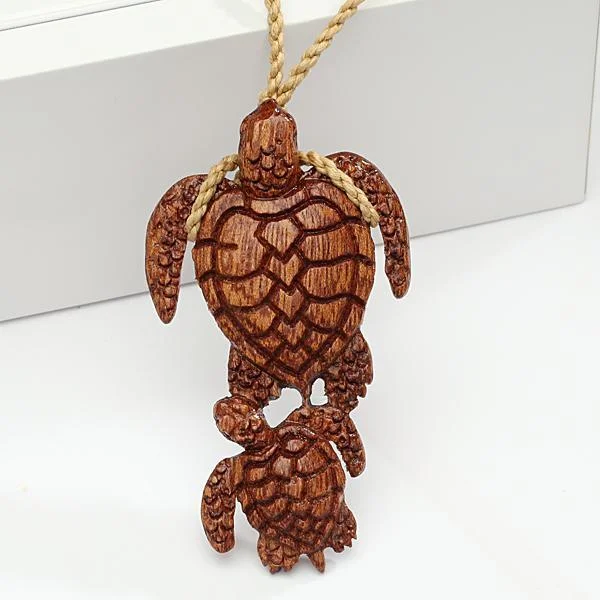 Fashion Necklace for Young Women-33x58mm Koa Wood Mom-baby Turtle Necklace Brown Cord