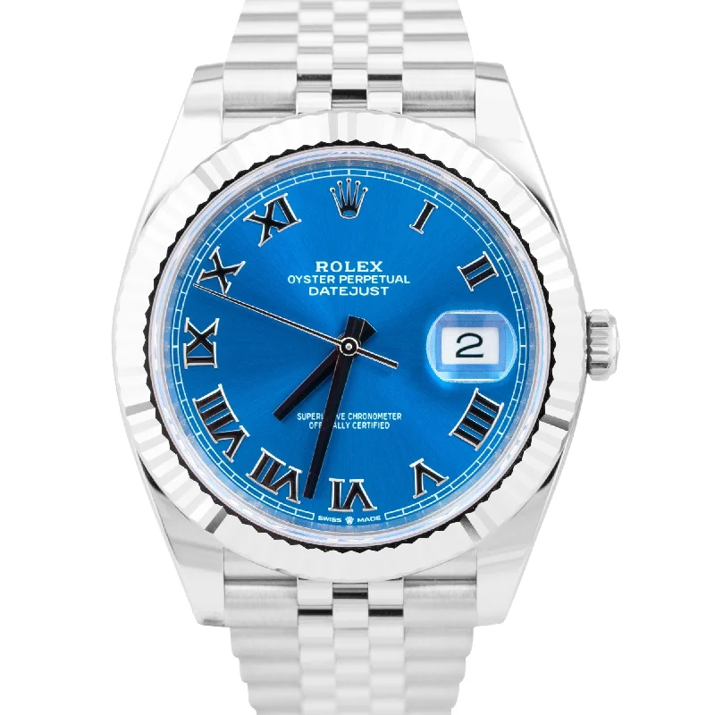 Stylish Watches with White Leather Straps-NEW 2023 PAPERS Rolex DateJust 41 Azzurro Blue Roman JUBILEE Fluted 126334 B+P