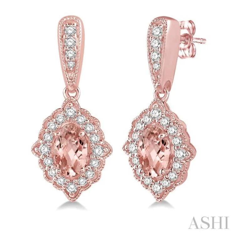 Ethnic Drop Earrings for Festivals-1/4 Ctw Oval Shape 5x3mm Morganite & Round Cut Diamond Semi Precious Earrings in 10K Rose Gold