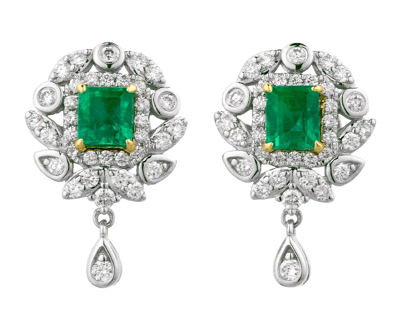 Golden Earrings for Night Events-Colombian Emerald Earrings, 1.00 Carat