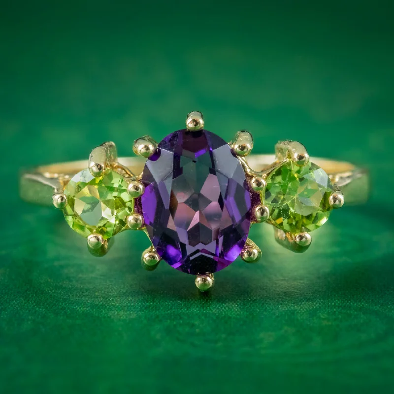 Multi-Gemstone Ring for Fashion Style-Edwardian Suffragette Style Amethyst Peridot Trilogy Ring 9ct Yellow Gold