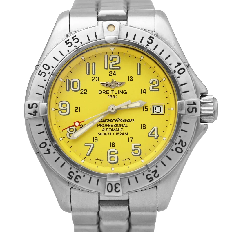 Leather Strap Watches for Men with Date Function-Breitling SuperOcean A17360 YELLOW Automatic 42mm Stainless Steel Date Watch