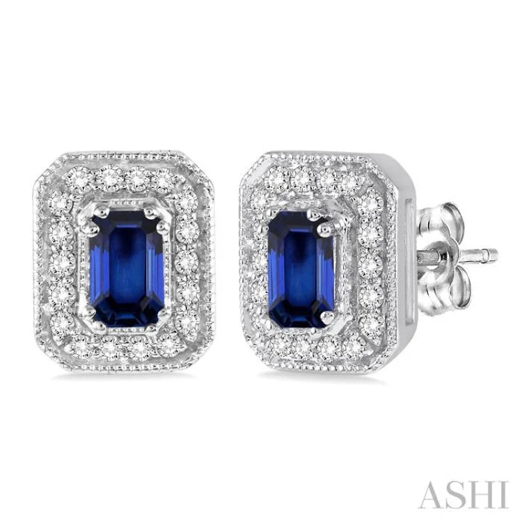 Stylish Earrings for Teen Girls-5x3 mm Octagon Cut Sapphire and 1/4 Ctw Round Cut Diamond Earrings in 14K White Gold