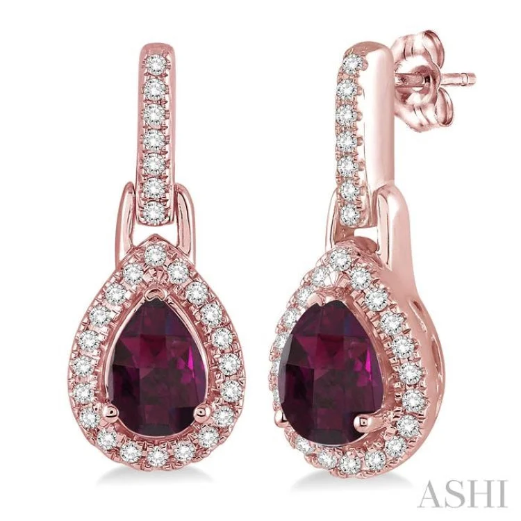 Chic Drop Earrings-6x4 MM Pear Shape Rhodolite Garnet and 1/5 Ctw Round Cut Diamond Earrings in 10K Rose Gold