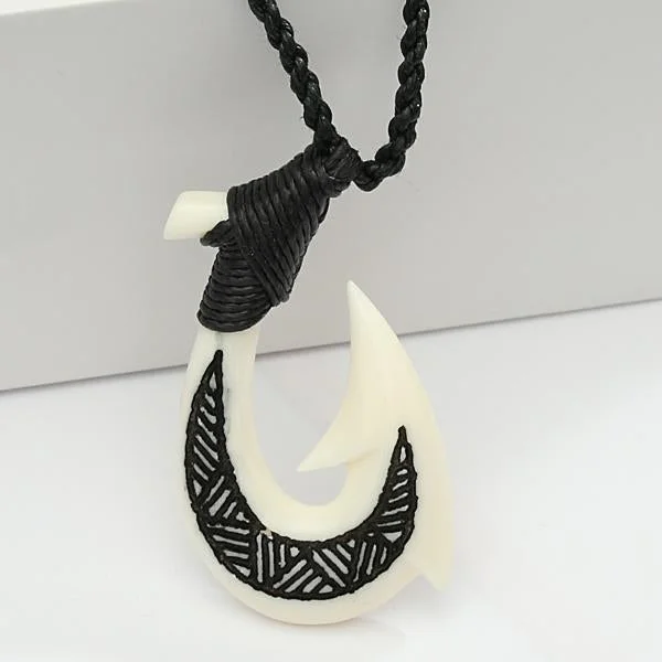 Dainty Necklace for Everyday Looks-Cow Bone Fish Hook Necklace w/Black Enamel Carving Black Cord 25x42mm