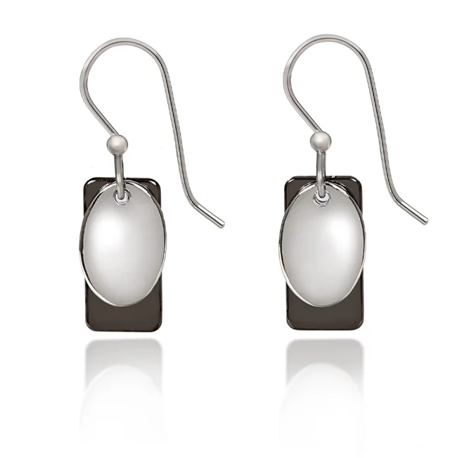 Crystal Earrings for Parties-Silver Forest Earrings Mini Layered White Oval on Black Rectangle Silver Drop