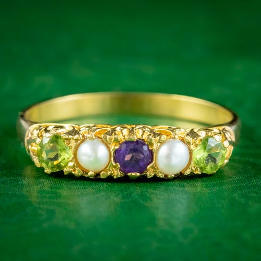 Simple Wedding Ring for Men-Edwardian Suffragette Style Carved Half Hoop Ring Amethyst Peridot Pearl