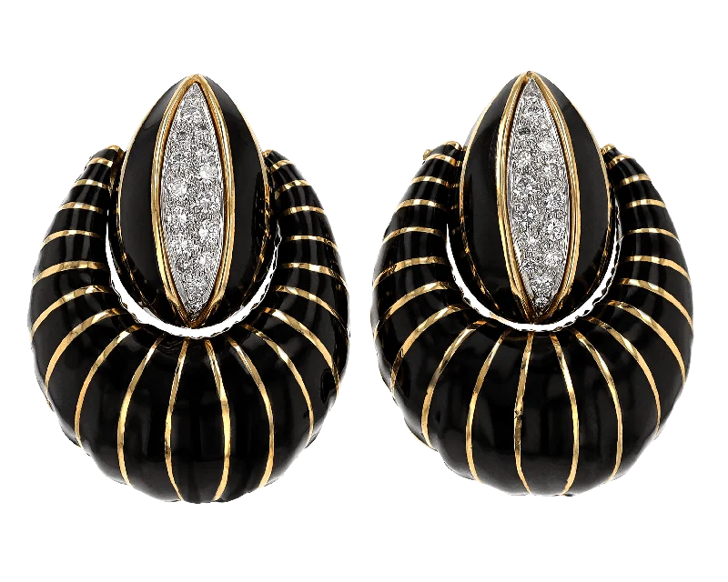 Drop Earrings for Formal Occasions-David Webb Black Enamel, Gold and Diamond Earrings