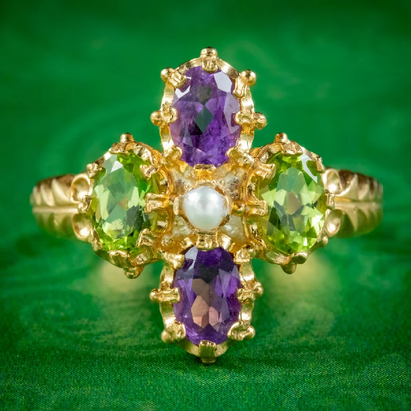 Beautiful Gold Ring with Gemstones-Edwardian Suffragette Style Ring Amethyst Peridot Pearl