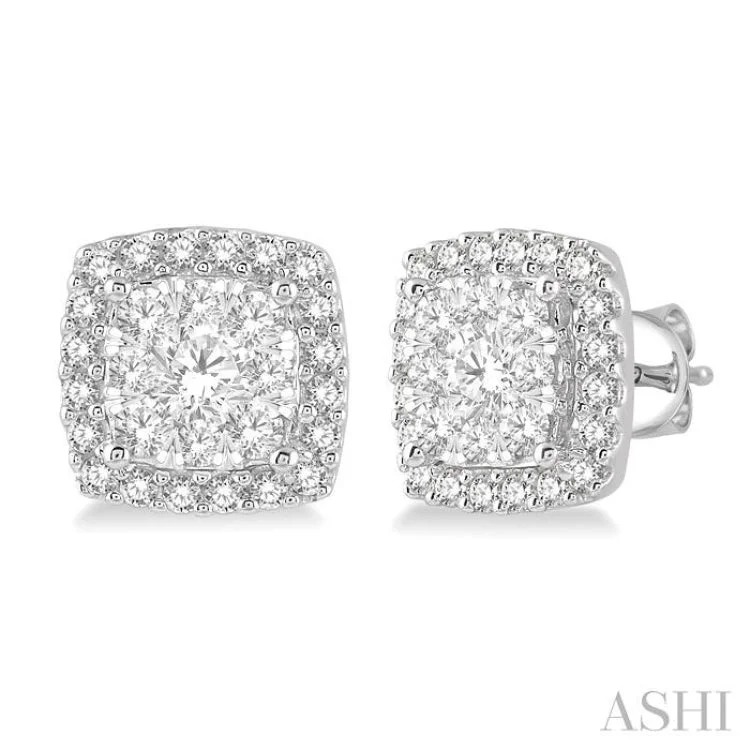 Crystal Stud Earrings for Weddings-1 Ctw Cushion Shape Lovebright Round Cut Diamond Stud Earrings in 14K White Gold