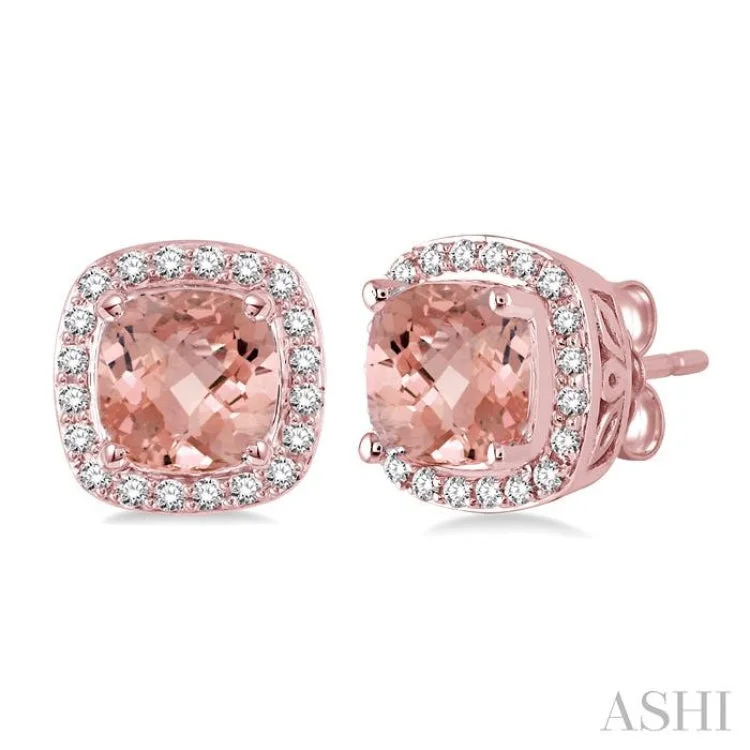 Elegant Hoop Earrings-6x6 mm Cushion Cut Morganite and 1/4 Ctw Round Cut Diamond Earrings in 14K Rose Gold